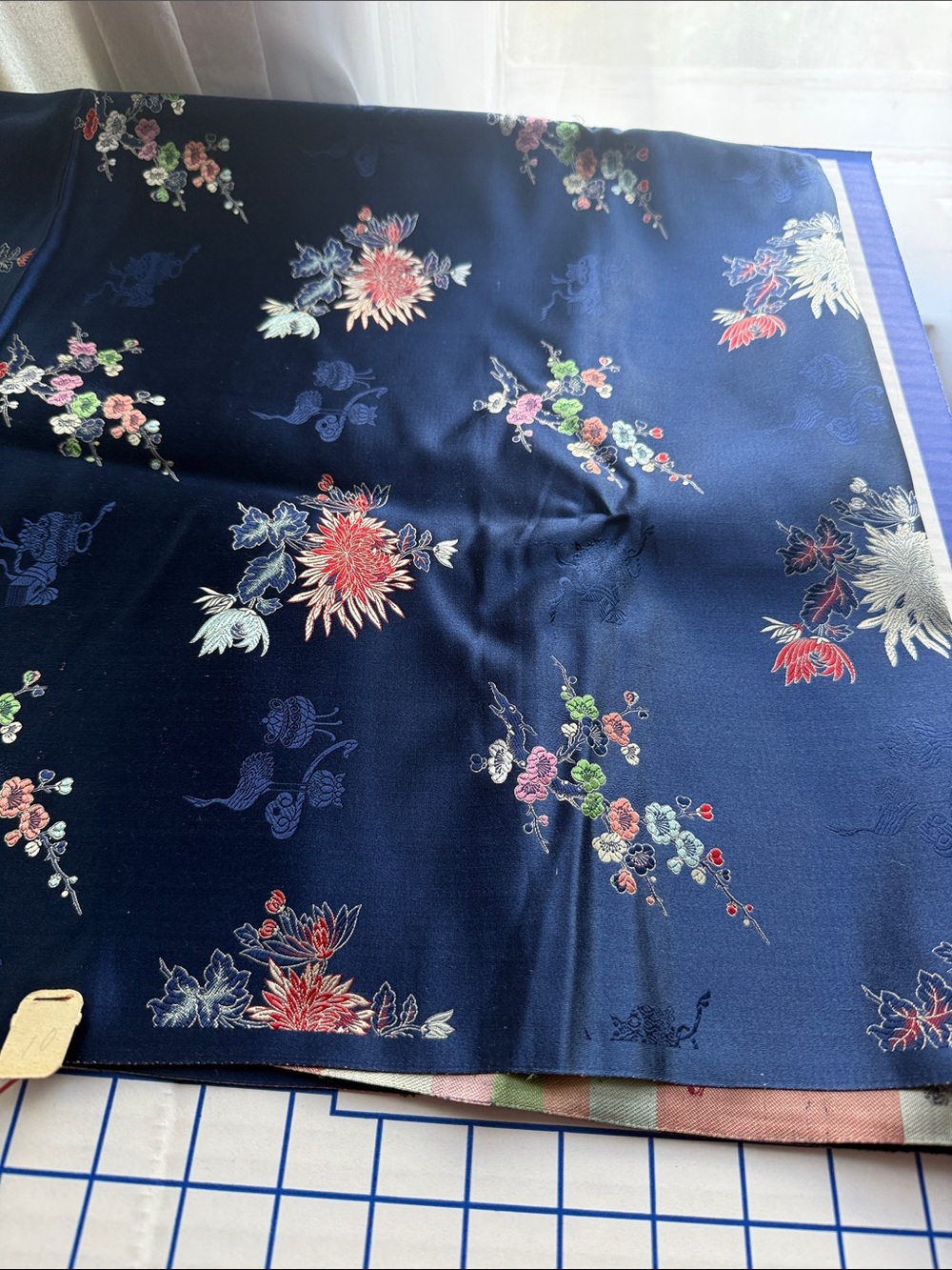 Vintage 1950s 60s Asian Brocade Satin Fabric Navy Floral Crane 4.75 Yds x 36 - Picture 6 of 16